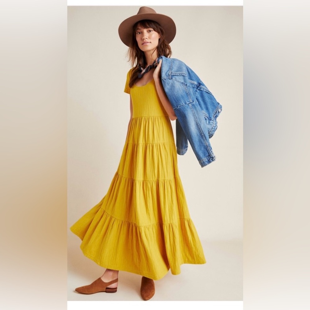 Maeve Gillian Gold Tiered Maxi Dress XS